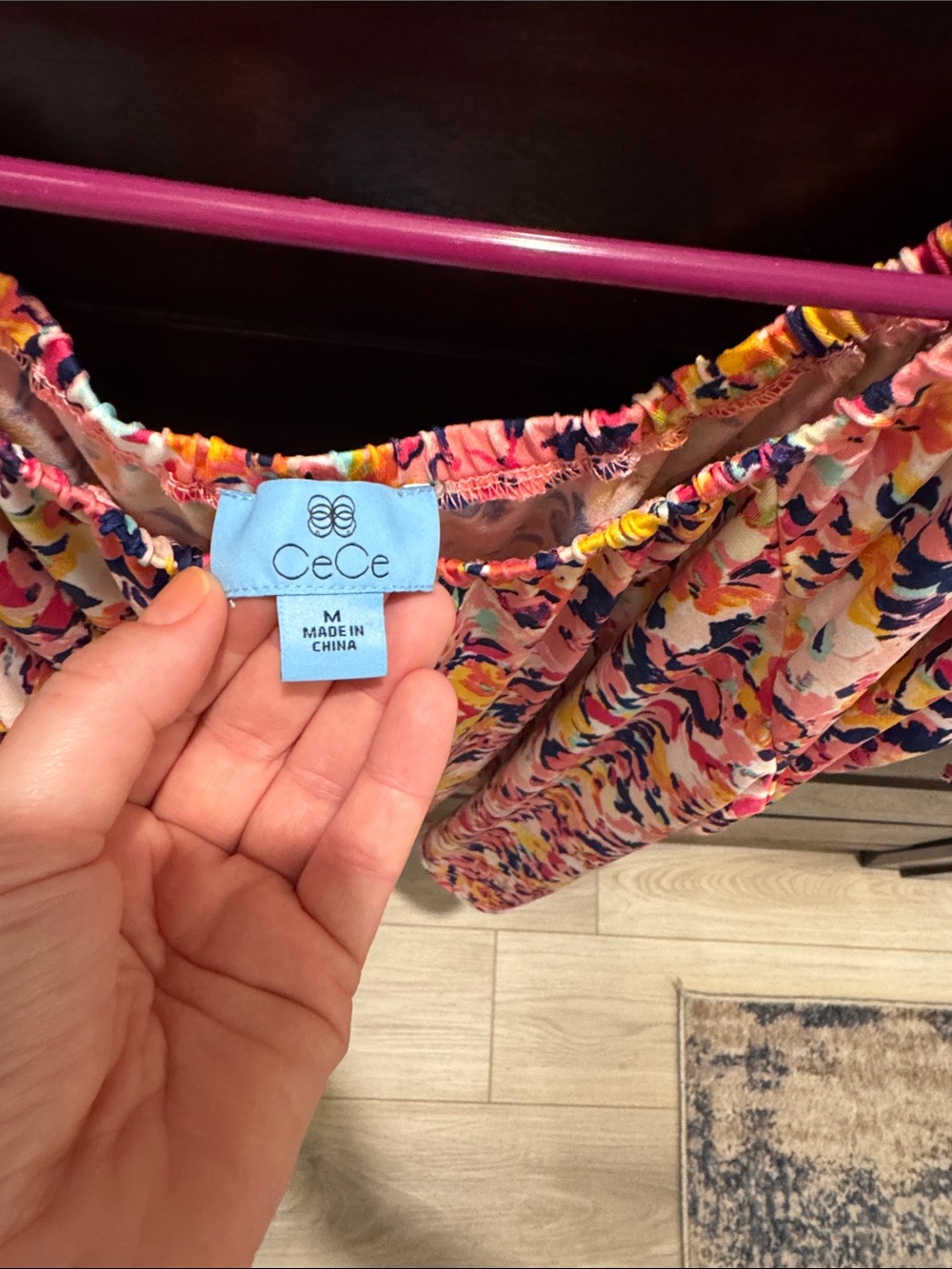 CeCe Pink Floral Off-the-Shoulder Tie-Sleeve Top - Picture 3 of 4